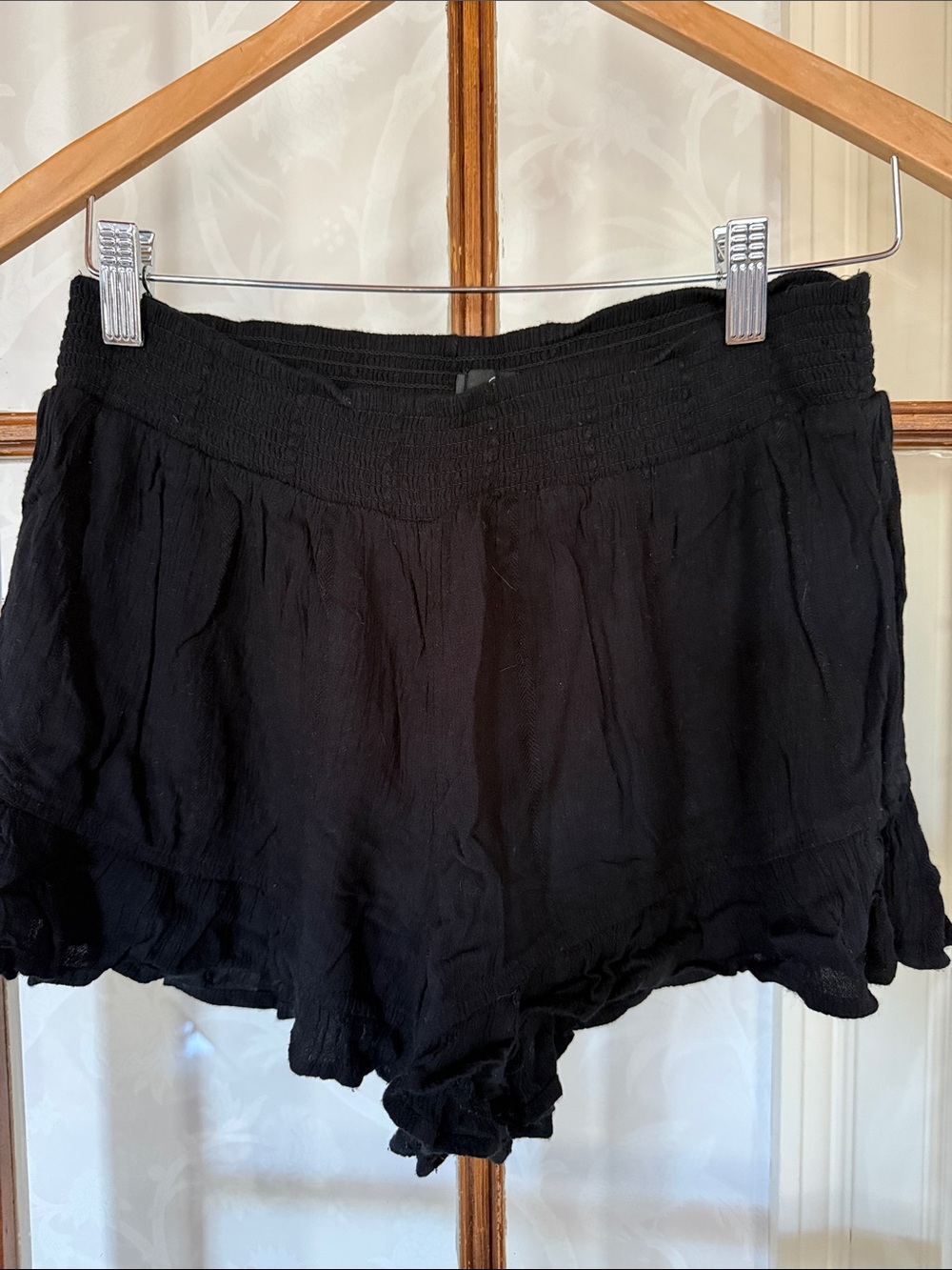 Volcom Black High-Waist Smocked Ruffle Hem Shorts